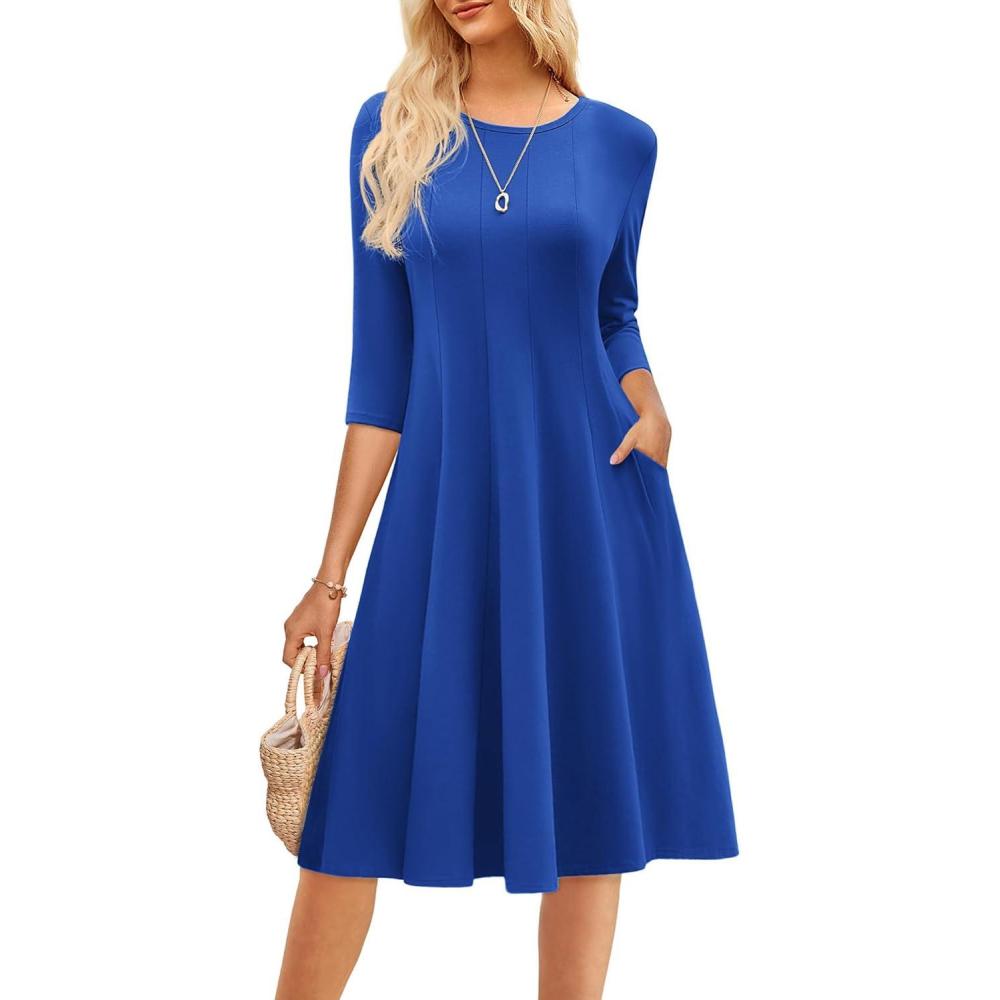 imageGRACE KARIN Women Summer Dresses 2026 Casual 34 Sleeve Dress A Line Fit and Flare Midi Dress with PocketsRoyal Blue