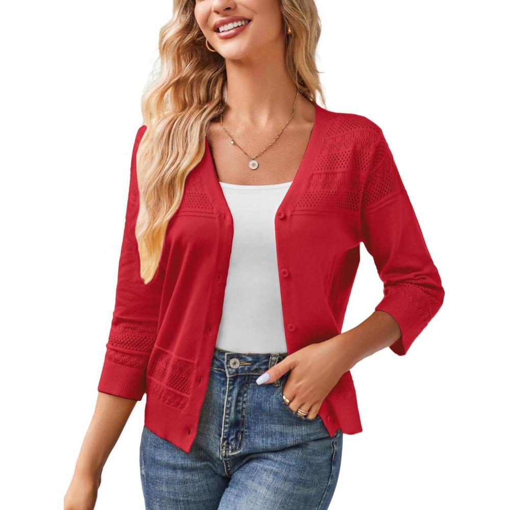imageGRACE KARIN Womens 2025 Cropped Cardigan 34 Sleeve Lightweight Crochet Shrug HollowedOut Knit Sweater TopsBright Red