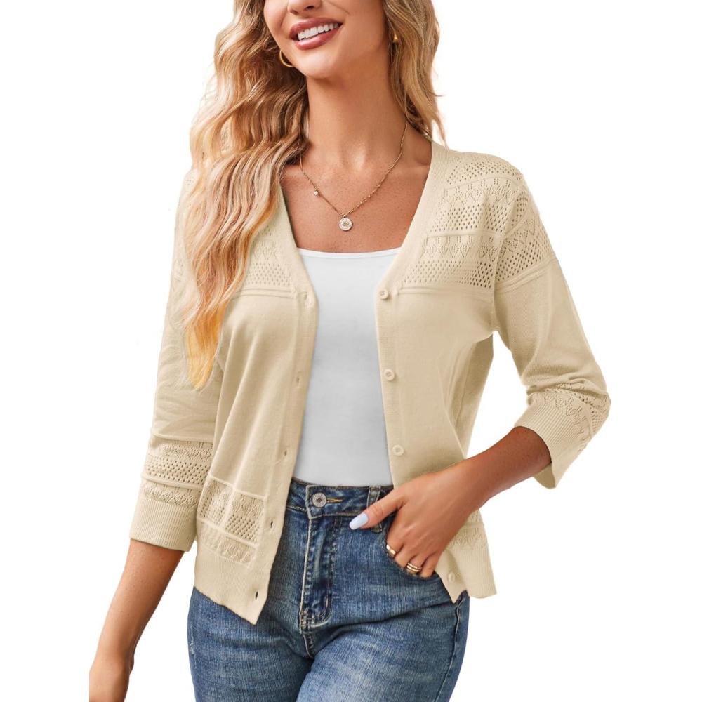 imageGRACE KARIN Womens 2025 Cropped Cardigan 34 Sleeve Lightweight Crochet Shrug HollowedOut Knit Sweater TopsLight Apricot