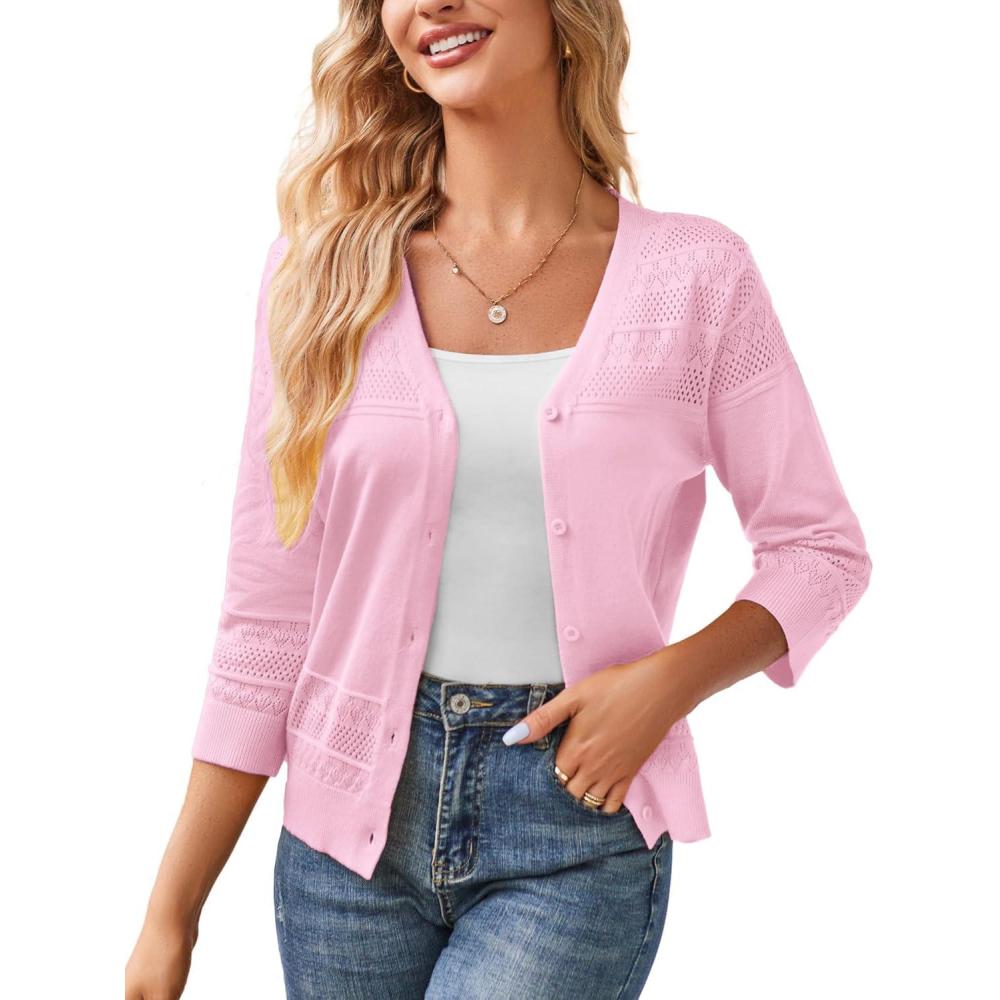 imageGRACE KARIN Womens 2025 Cropped Cardigan 34 Sleeve Lightweight Crochet Shrug HollowedOut Knit Sweater TopsLightpink