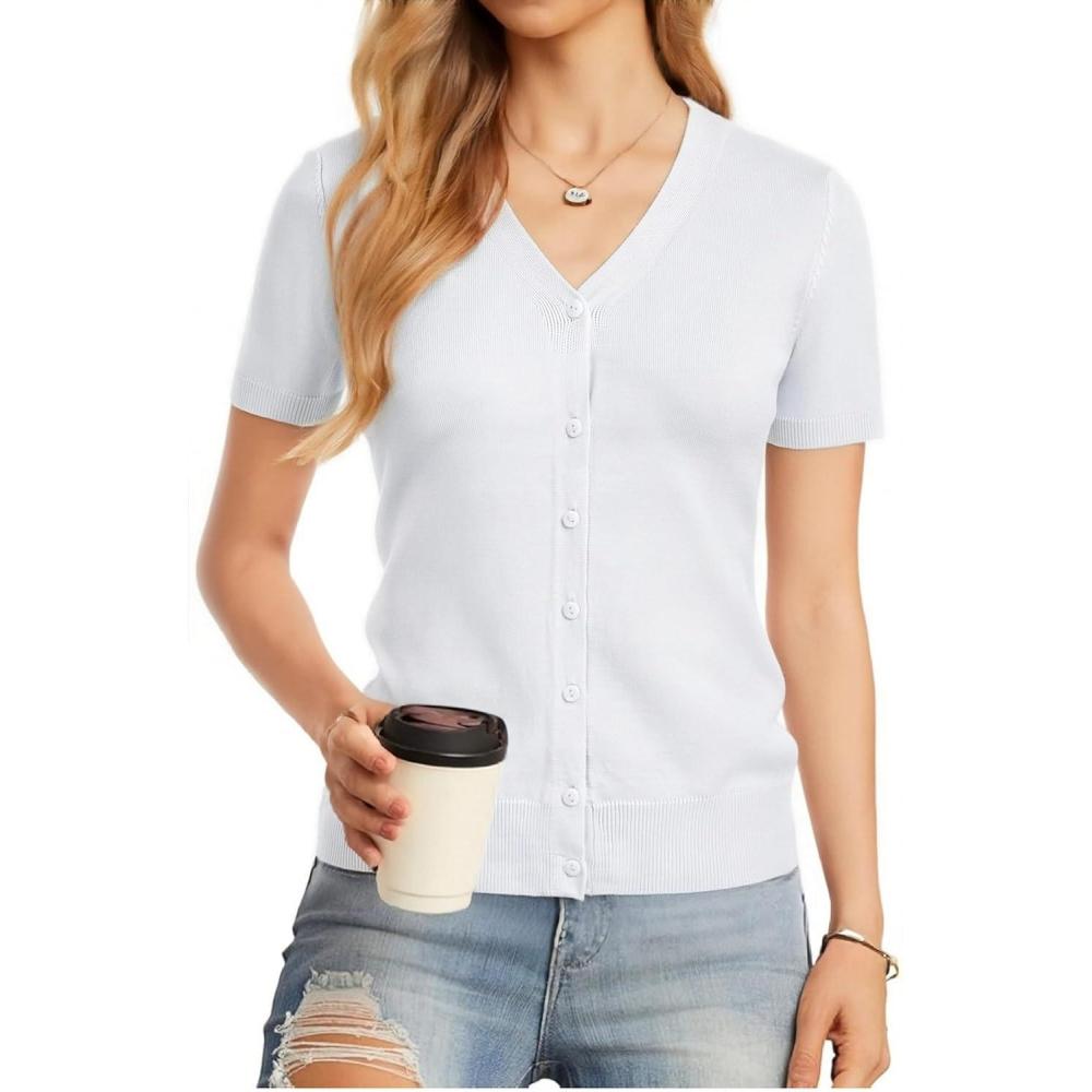 imageGRACE KARIN Womens 2026 Summer Short Sleeve Cardigan Sweaters Lightweight Cropped Shrug Cardigan Business Casual Clothing TopBright White