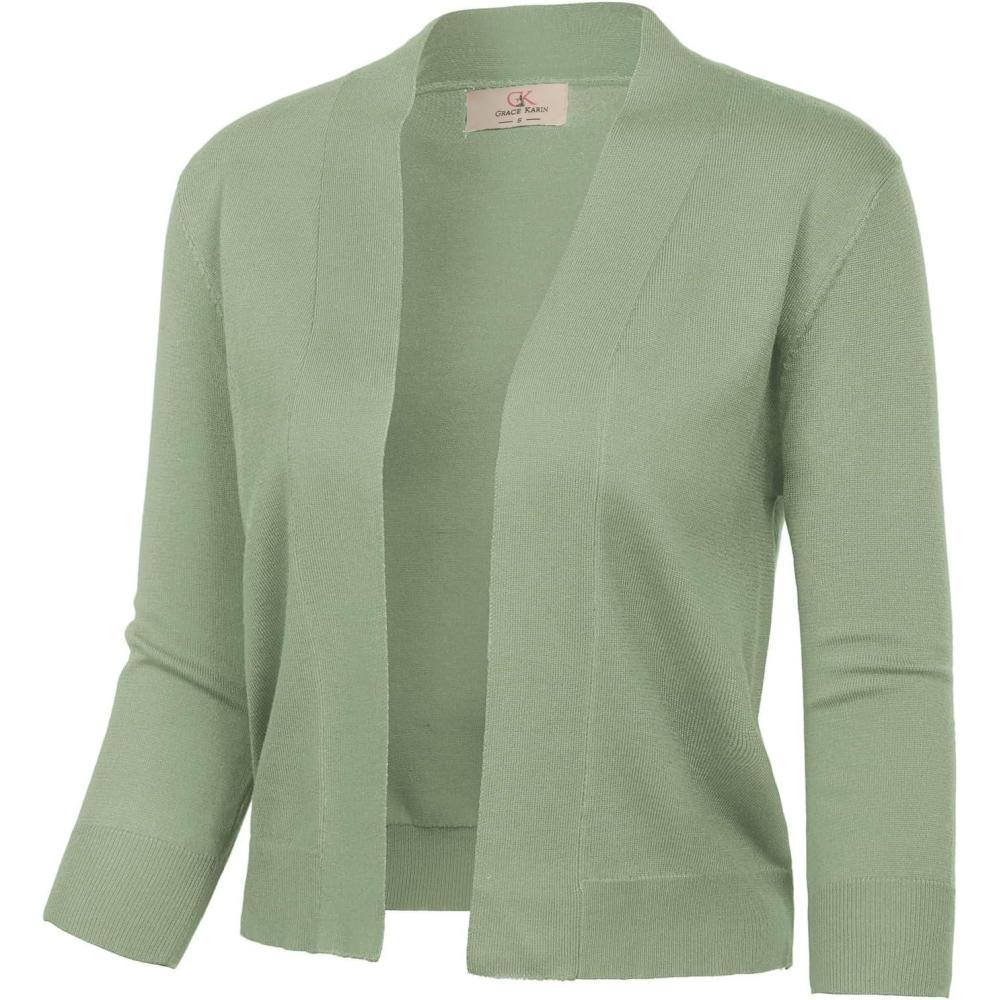 imageGRACE KARIN Womens 34 Sleeve Knit Cropped Cardigan Sweaters Open Front Bolero Shrugs Sweater Tops S3XLSage Green