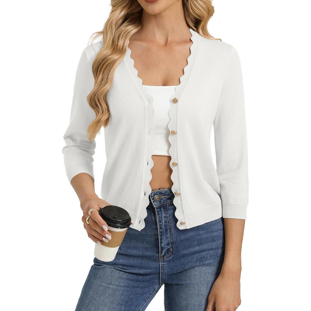 imageGRACE KARIN Womens 34 Sleeve V Neck Button Down Lightweight Cardigan Sweater Open Front Dressy Shrugs Spring FashionIvory