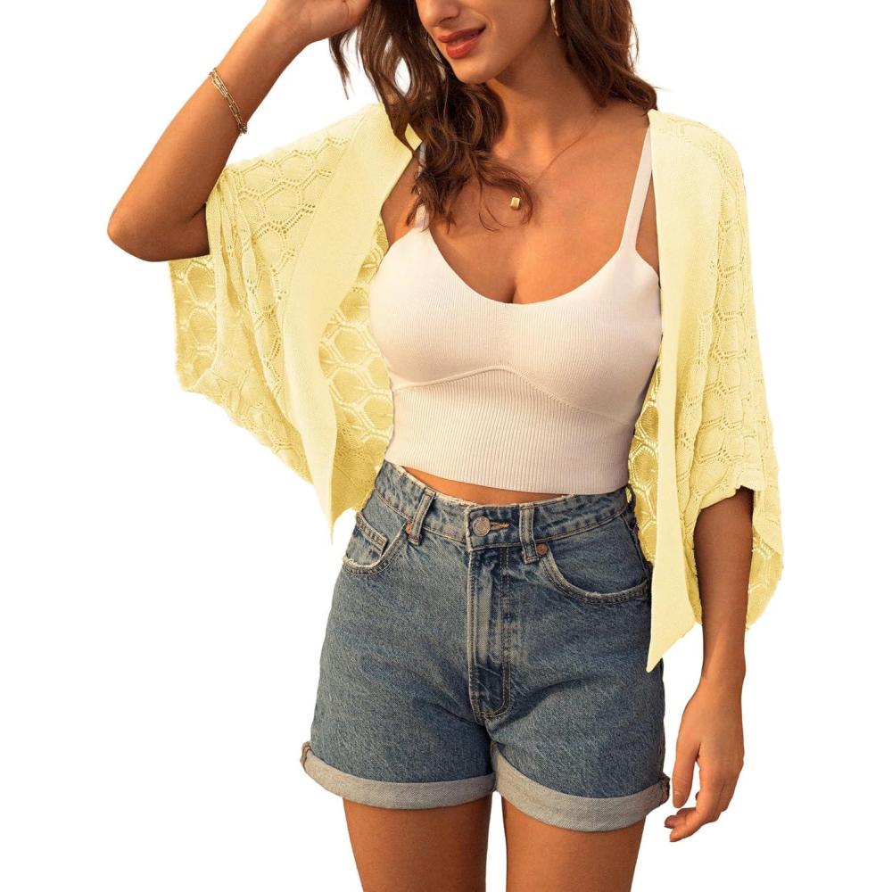 imageGRACE KARIN Womens Crochet Summer Cardigan Shrug 2025 Lightweight Open Front Hollowout Batwing Cardigan Sweater OutwearPastel Yellow