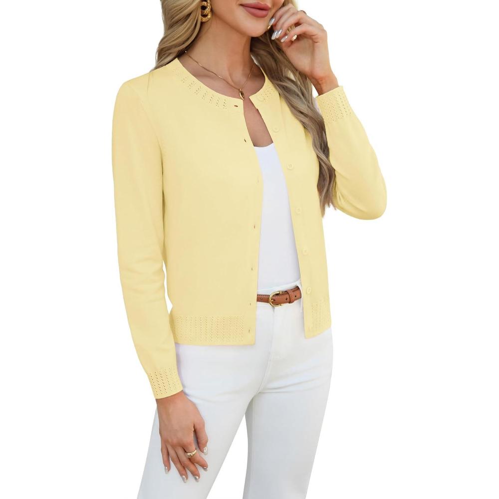 imageGRACE KARIN Womens Cropped Cardigan Sweaters Trendy Lightweight Shrugs Button Up Long Sleeve Knit TopsButter Yellow