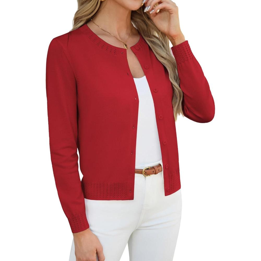 imageGRACE KARIN Womens Cropped Cardigan Sweaters Trendy Lightweight Shrugs Button Up Long Sleeve Knit TopsRed