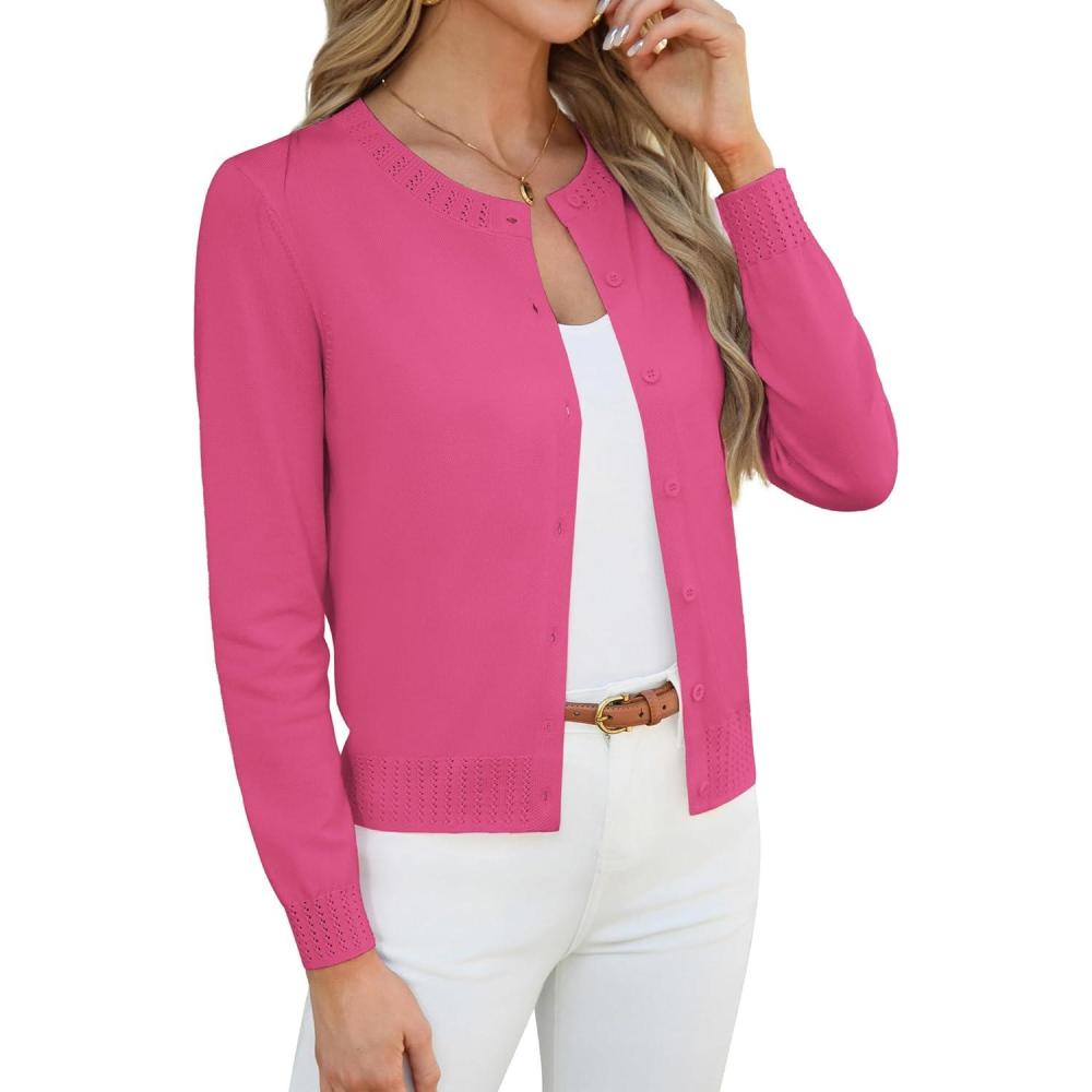 imageGRACE KARIN Womens Cropped Cardigan Sweaters Trendy Lightweight Shrugs Button Up Long Sleeve Knit TopsRose Red