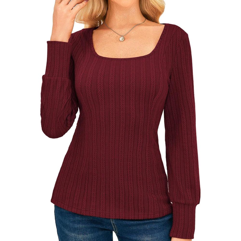 imageGRACE KARIN Womens Fall Long Sleeve Trendy Tops 2025 Square Neck Ribbed Casual Shirts Cozy Basic SweaterWine Red