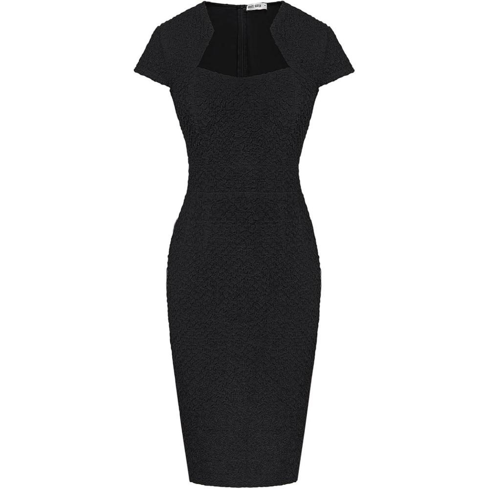 imageGRACE KARIN Womens Grey Patterned VNeck Cap Sleeve KneeLength Pencil Dress Size XLBlack