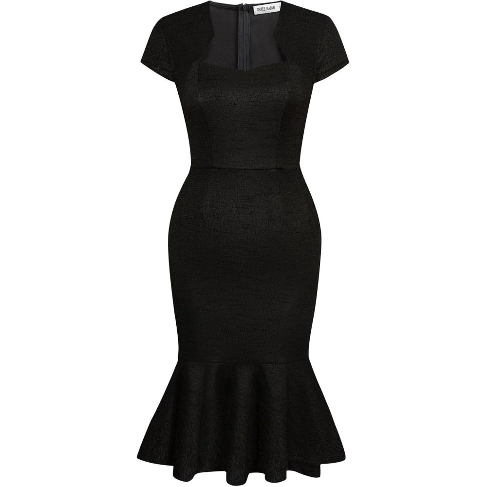 imageGRACE KARIN Womens Grey Patterned VNeck Cap Sleeve KneeLength Pencil Dress Size XLBlack Solid