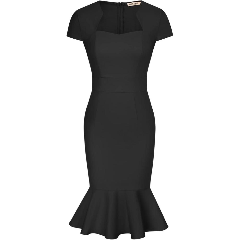 imageGRACE KARIN Womens Grey Patterned VNeck Cap Sleeve KneeLength Pencil Dress Size XLBlackfishtail