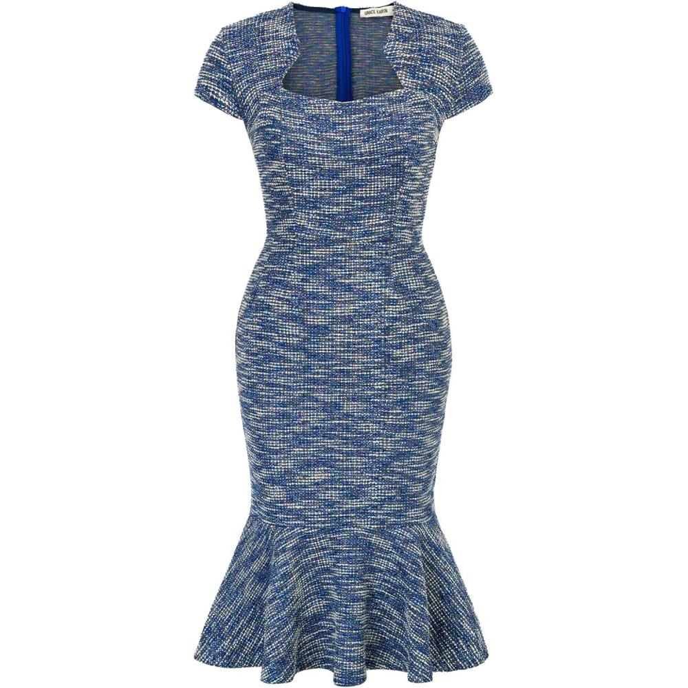 imageGRACE KARIN Womens Grey Patterned VNeck Cap Sleeve KneeLength Pencil Dress Size XLBlue