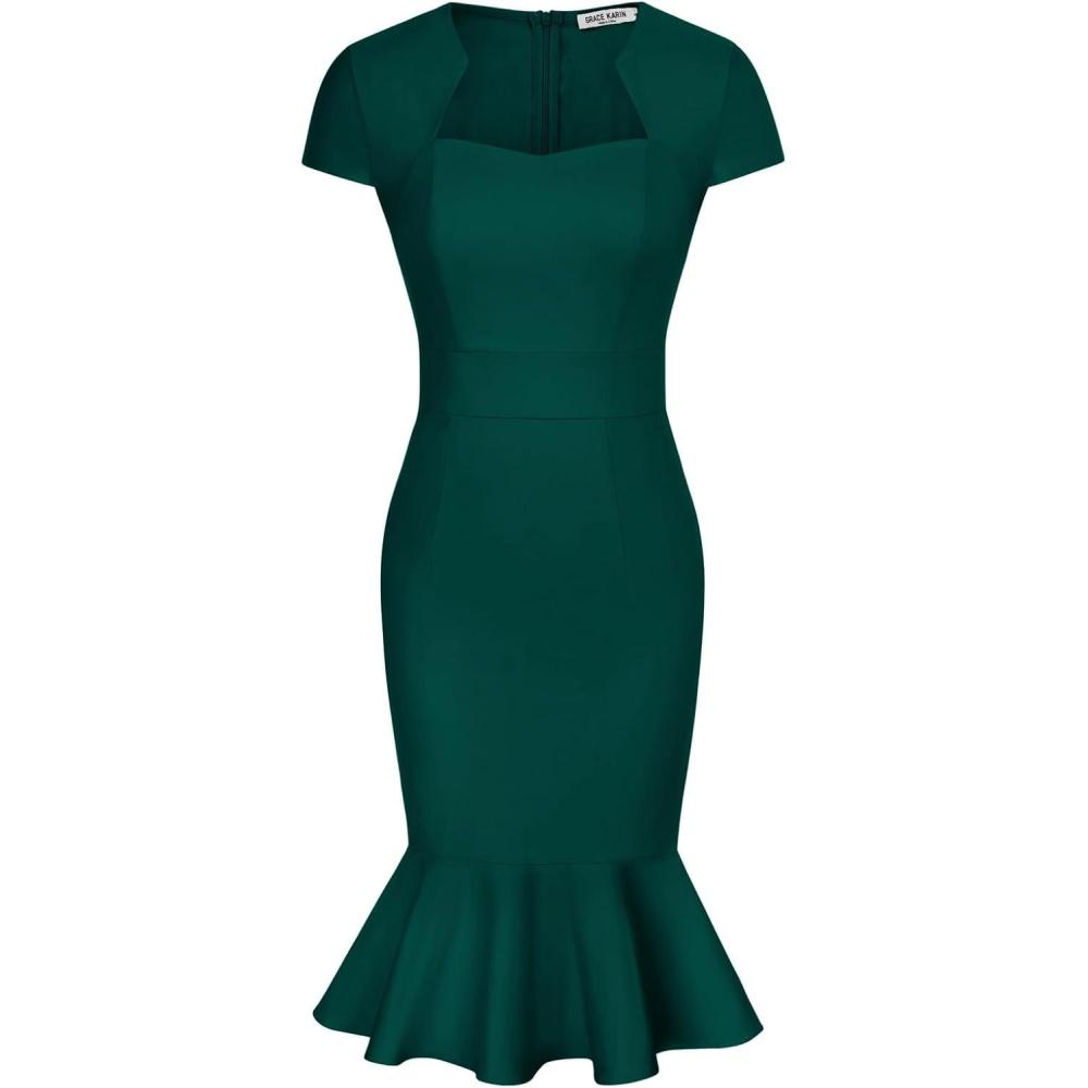 imageGRACE KARIN Womens Grey Patterned VNeck Cap Sleeve KneeLength Pencil Dress Size XLDark Greenfishtail