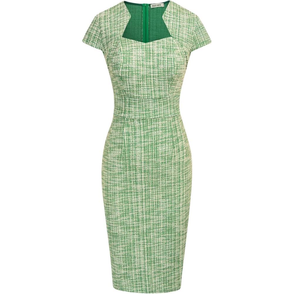 imageGRACE KARIN Womens Grey Patterned VNeck Cap Sleeve KneeLength Pencil Dress Size XLGreen Plaid