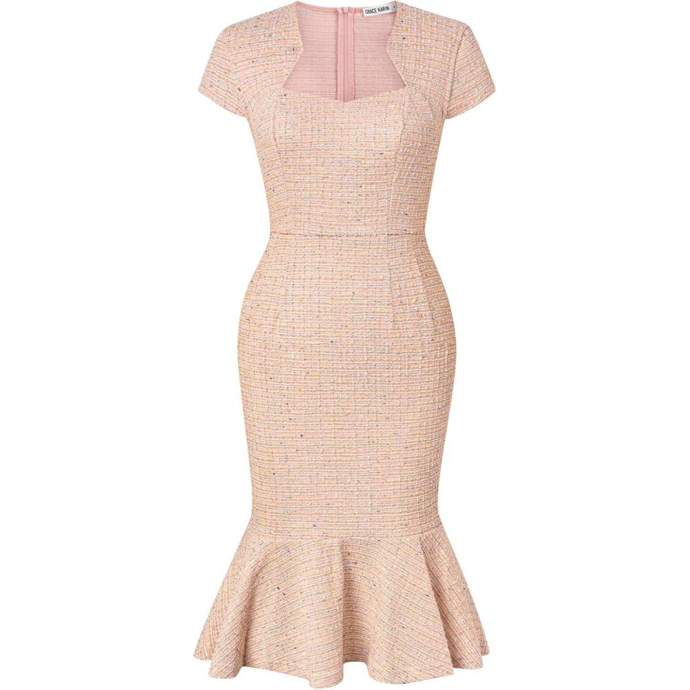 imageGRACE KARIN Womens Grey Patterned VNeck Cap Sleeve KneeLength Pencil Dress Size XLLight Pink