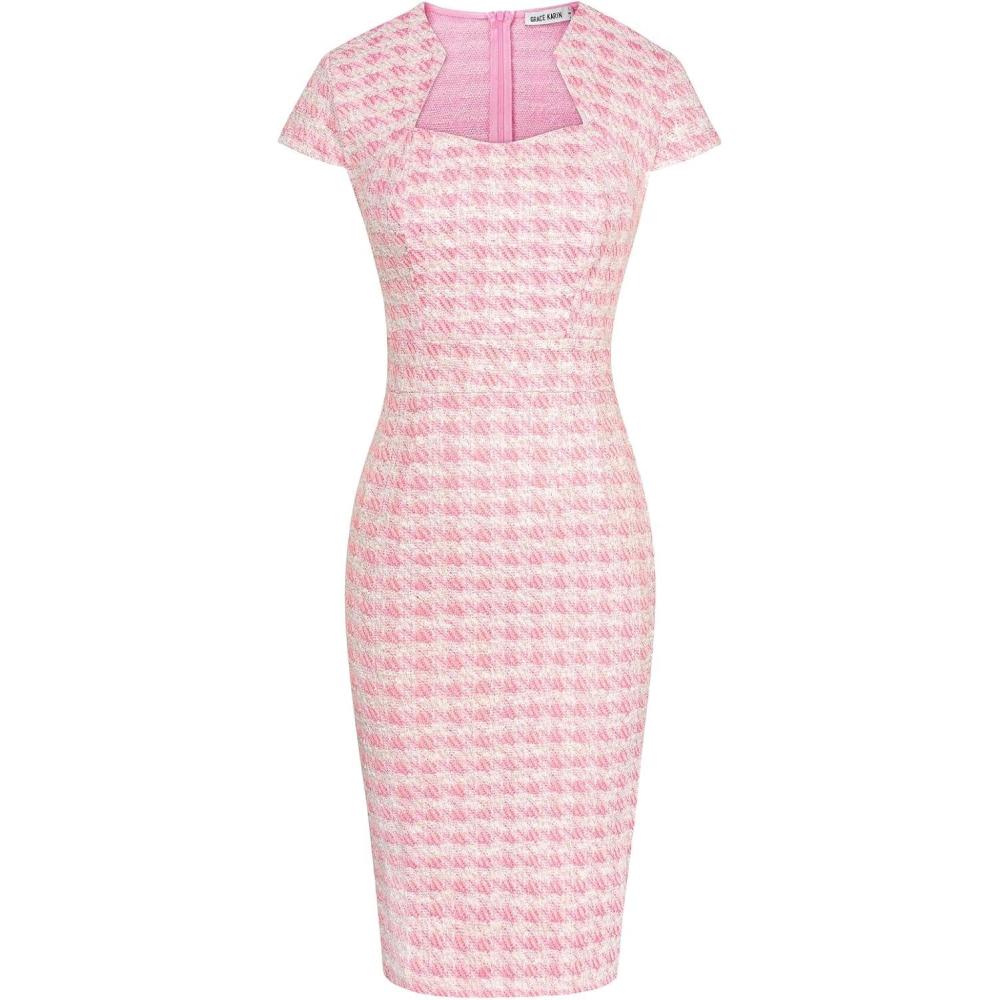 imageGRACE KARIN Womens Grey Patterned VNeck Cap Sleeve KneeLength Pencil Dress Size XLLight Pink Tweed