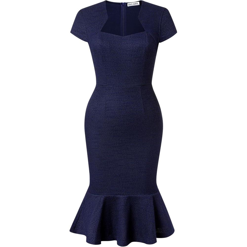 imageGRACE KARIN Womens Grey Patterned VNeck Cap Sleeve KneeLength Pencil Dress Size XLNavy