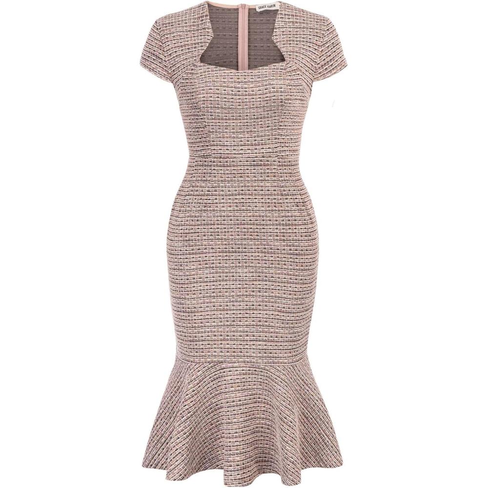 imageGRACE KARIN Womens Grey Patterned VNeck Cap Sleeve KneeLength Pencil Dress Size XLPink