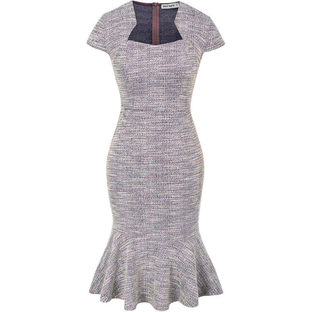 imageGRACE KARIN Womens Grey Patterned VNeck Cap Sleeve KneeLength Pencil Dress Size XLPurple Tweed