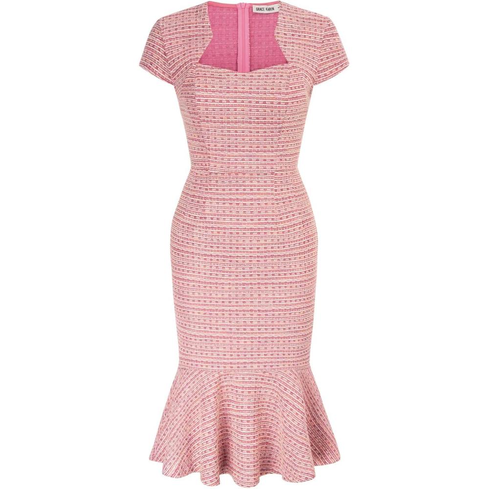 imageGRACE KARIN Womens Grey Patterned VNeck Cap Sleeve KneeLength Pencil Dress Size XLRose