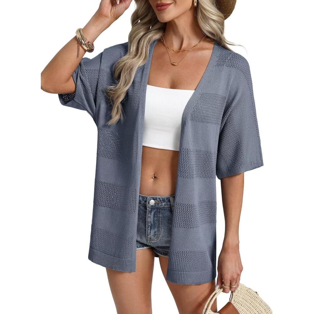 imageGRACE KARIN Womens Lightweight Summer Cardigan Short Sleeve Crochet Knit Coverup Boho Kimono Beach Vacation ClothesGray Blue