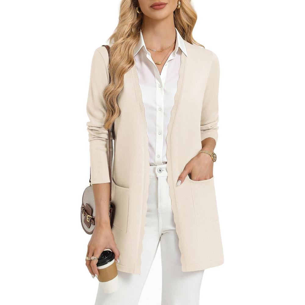 imageGRACE KARIN Womens Long Cardigans Trendy Lightweight Knit Blazer Casual Open Front Spring Sweaters with PocketsBeige