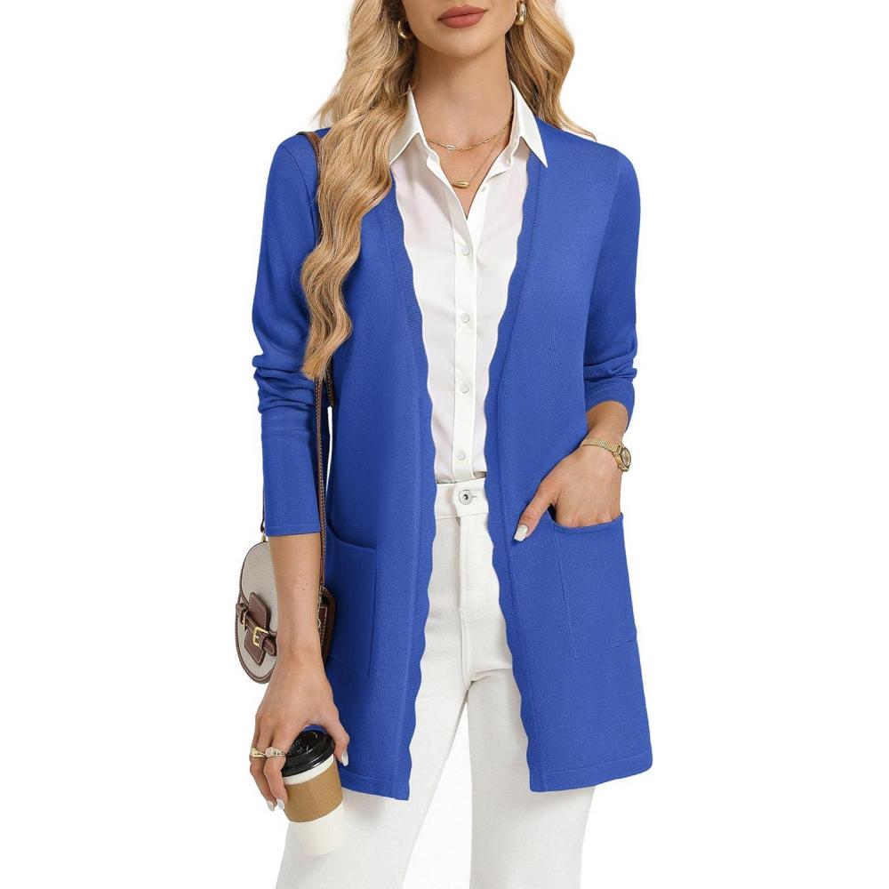 imageGRACE KARIN Womens Long Cardigans Trendy Lightweight Knit Blazer Casual Open Front Spring Sweaters with PocketsRoyal Blue