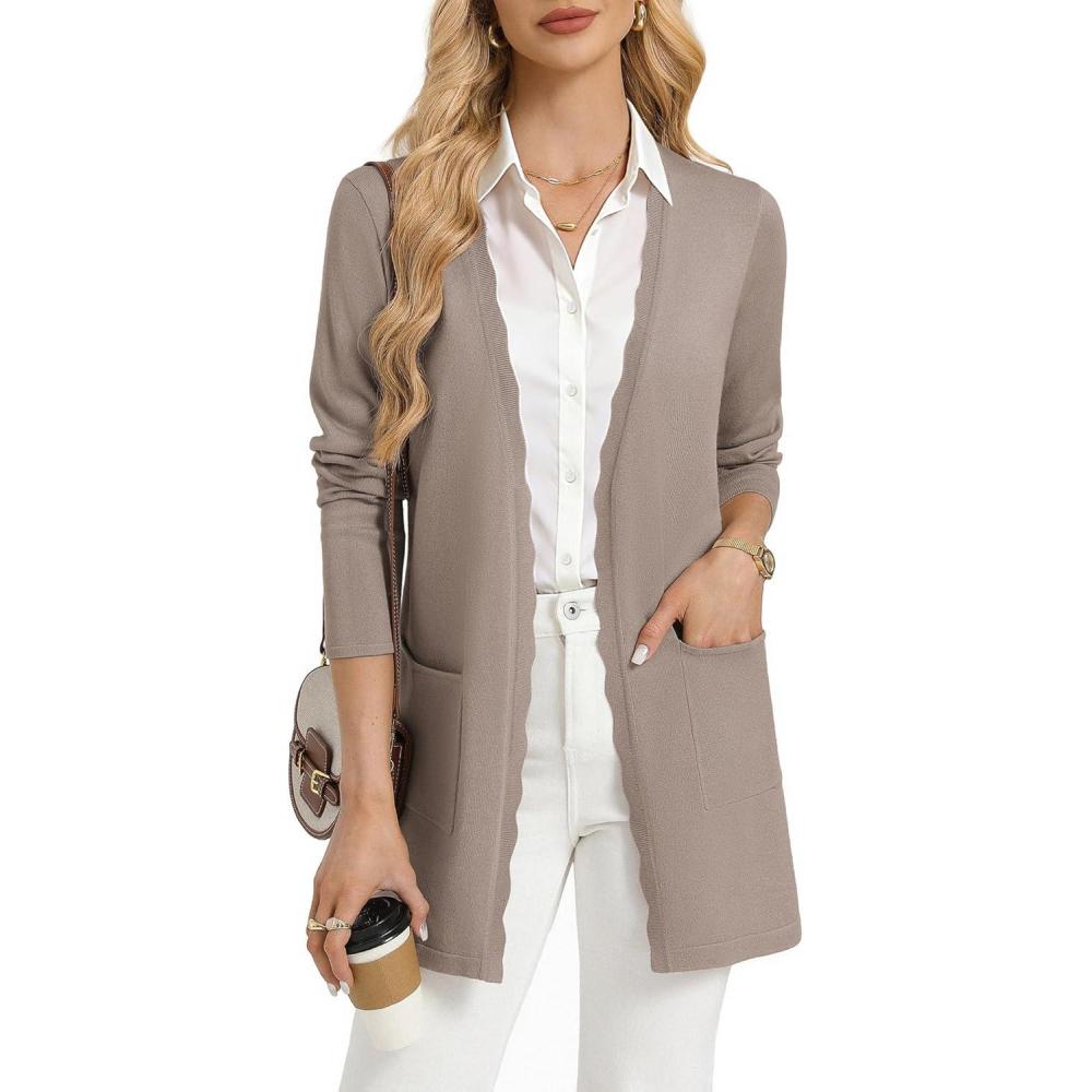 imageGRACE KARIN Womens Long Cardigans Trendy Lightweight Knit Blazer Casual Open Front Spring Sweaters with PocketsTaupe