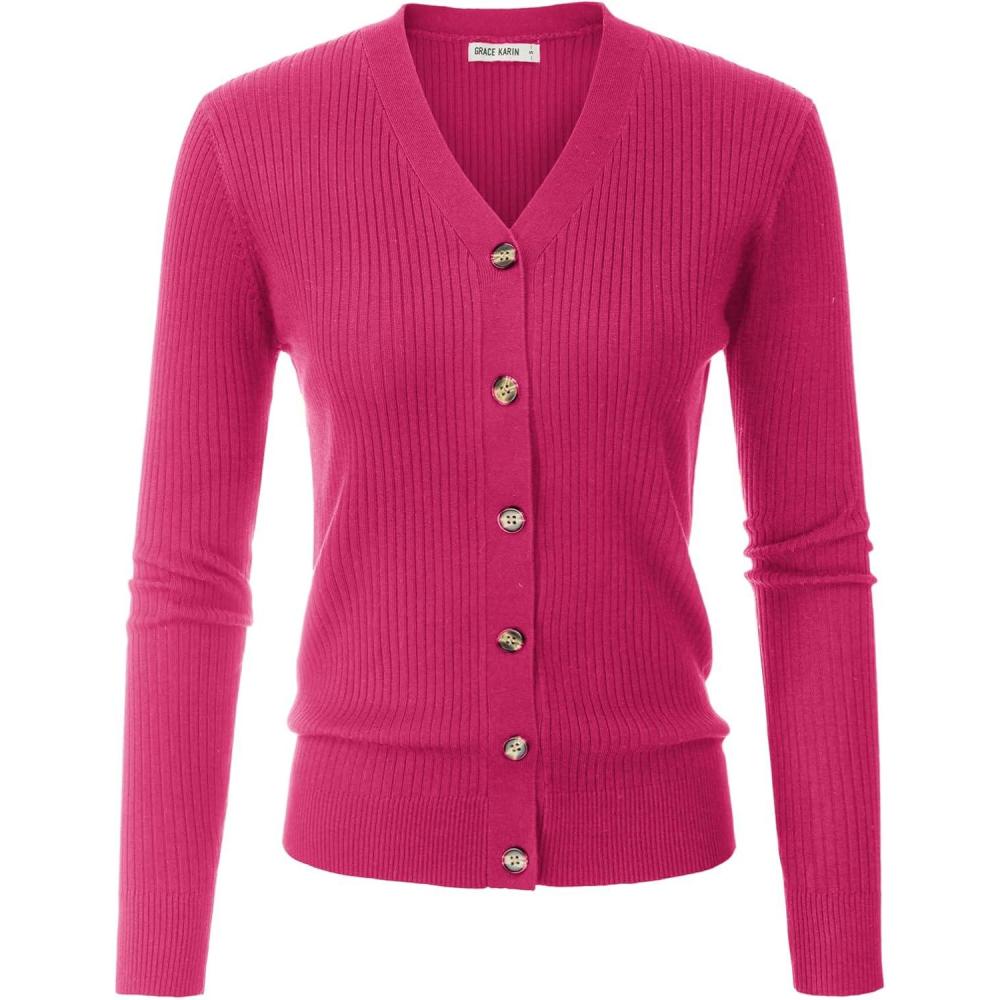imageGRACE KARIN Womens Long Sleeve Button Down Vee Neck Classic Sweater Knit CardiganHot Pink