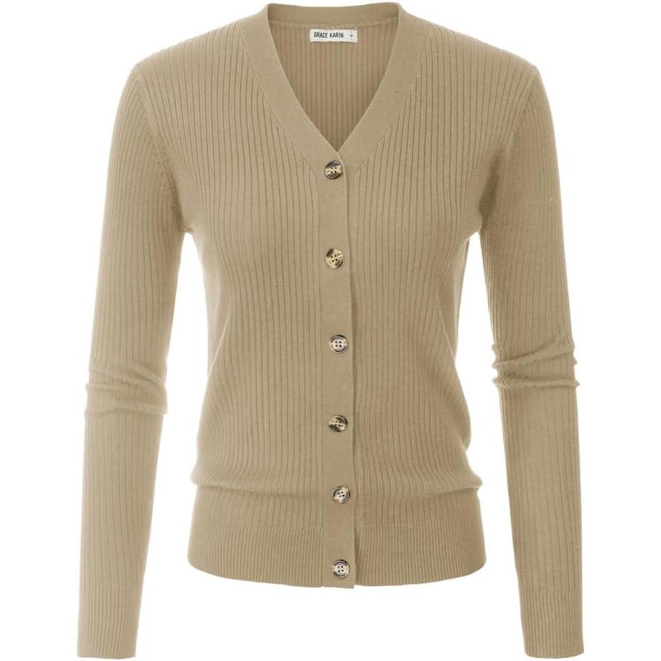 imageGRACE KARIN Womens Long Sleeve Button Down Vee Neck Classic Sweater Knit CardiganTan Khaki