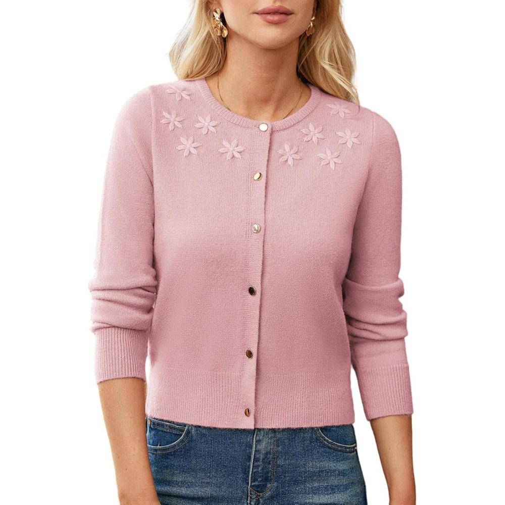 imageGRACE KARIN Womens Long Sleeve Knitted Cardigan Sweaters Crew Neck Button Up Fuzzy Flower Sweaters Fall OutfitsPink