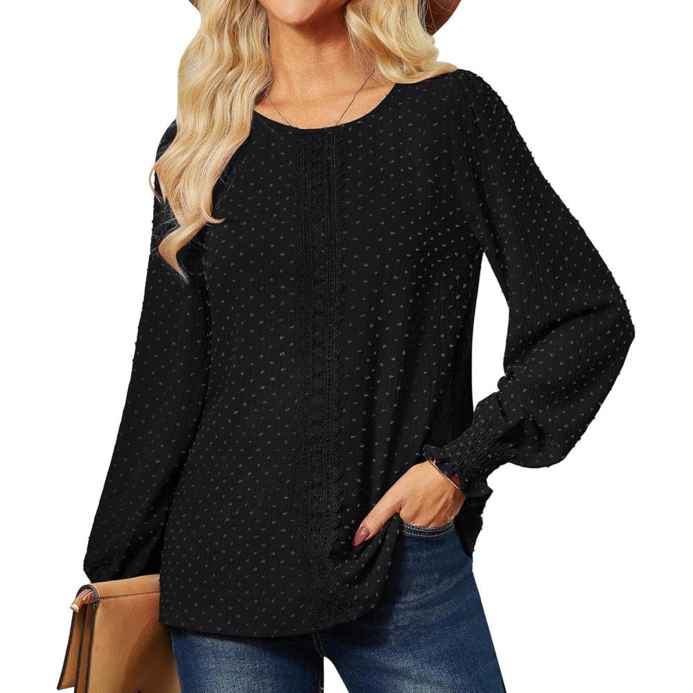 imageGRACE KARIN Womens Long Sleeve Tops Casual Swiss Dot Lace Crochet Shirts Dressy Crewneck Blouses 2025Black