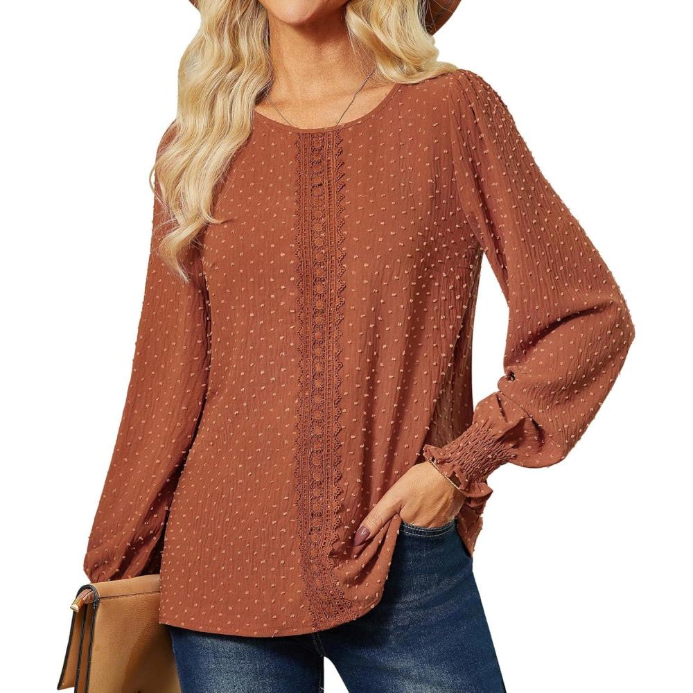imageGRACE KARIN Womens Long Sleeve Tops Casual Swiss Dot Lace Crochet Shirts Dressy Crewneck Blouses 2025Red Brown
