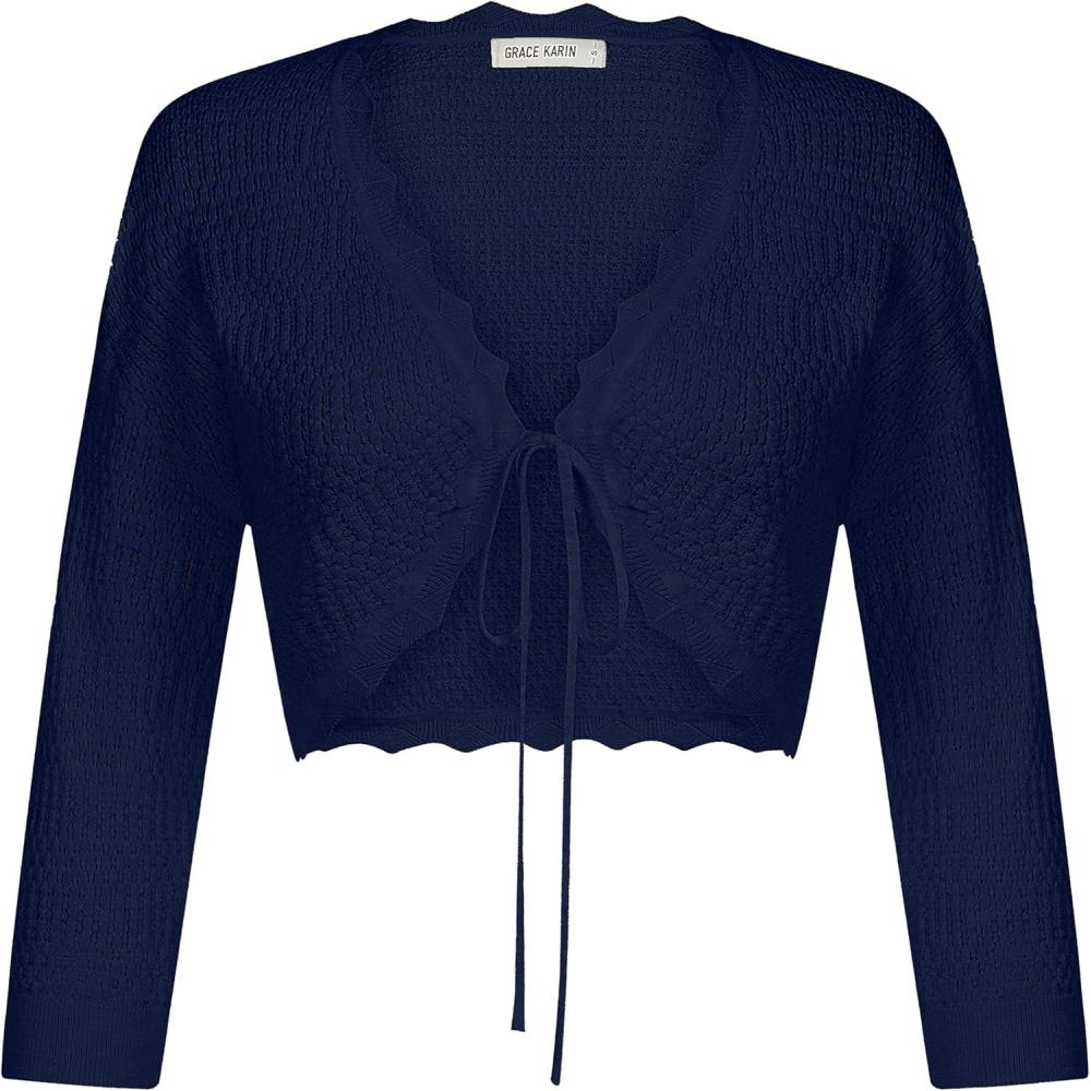 imageGRACE KARIN Womens Open Front Knit Cropped Bolero Shrug Cardigan Sweater Long Sleeve S4XLNavy Blue