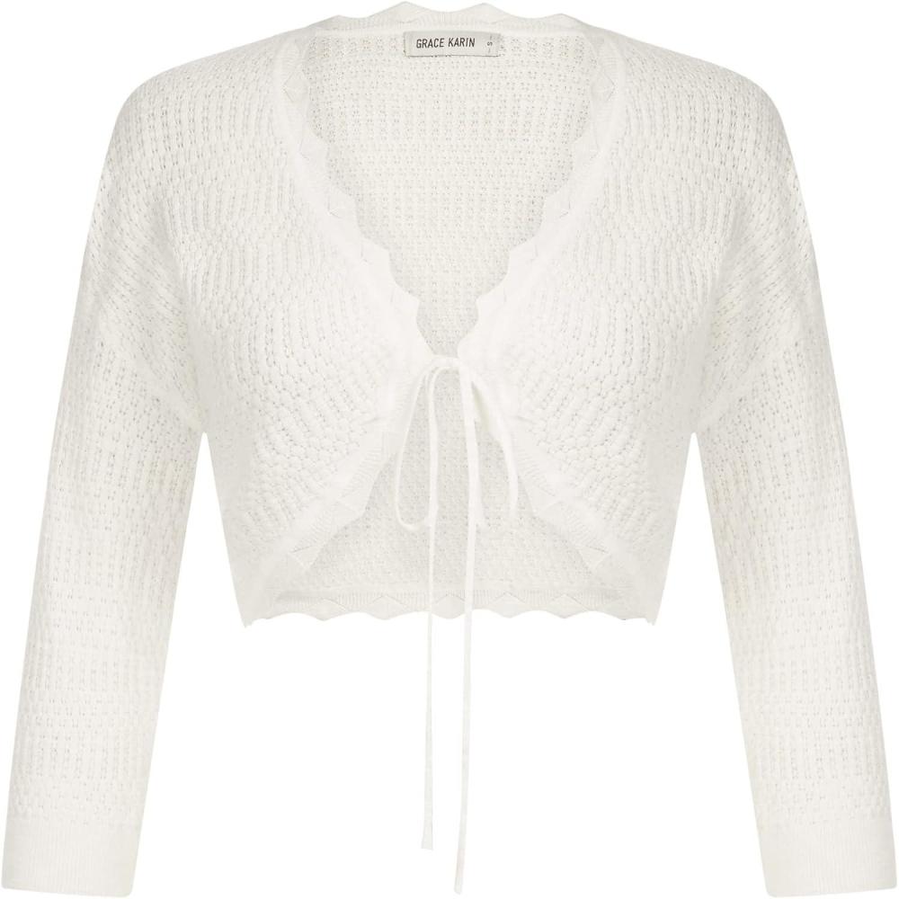 imageGRACE KARIN Womens Open Front Knit Cropped Bolero Shrug Cardigan Sweater Long Sleeve S4XLWhite1