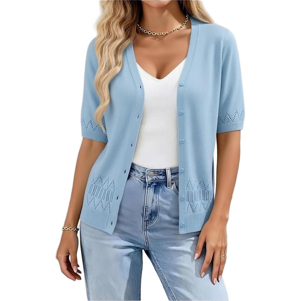 imageGRACE KARIN Womens Short Sleeve Spring Sweater Lightweight Cotton Cardigan Button Up V Neck Dressy Casual Cute TopsLight Blue