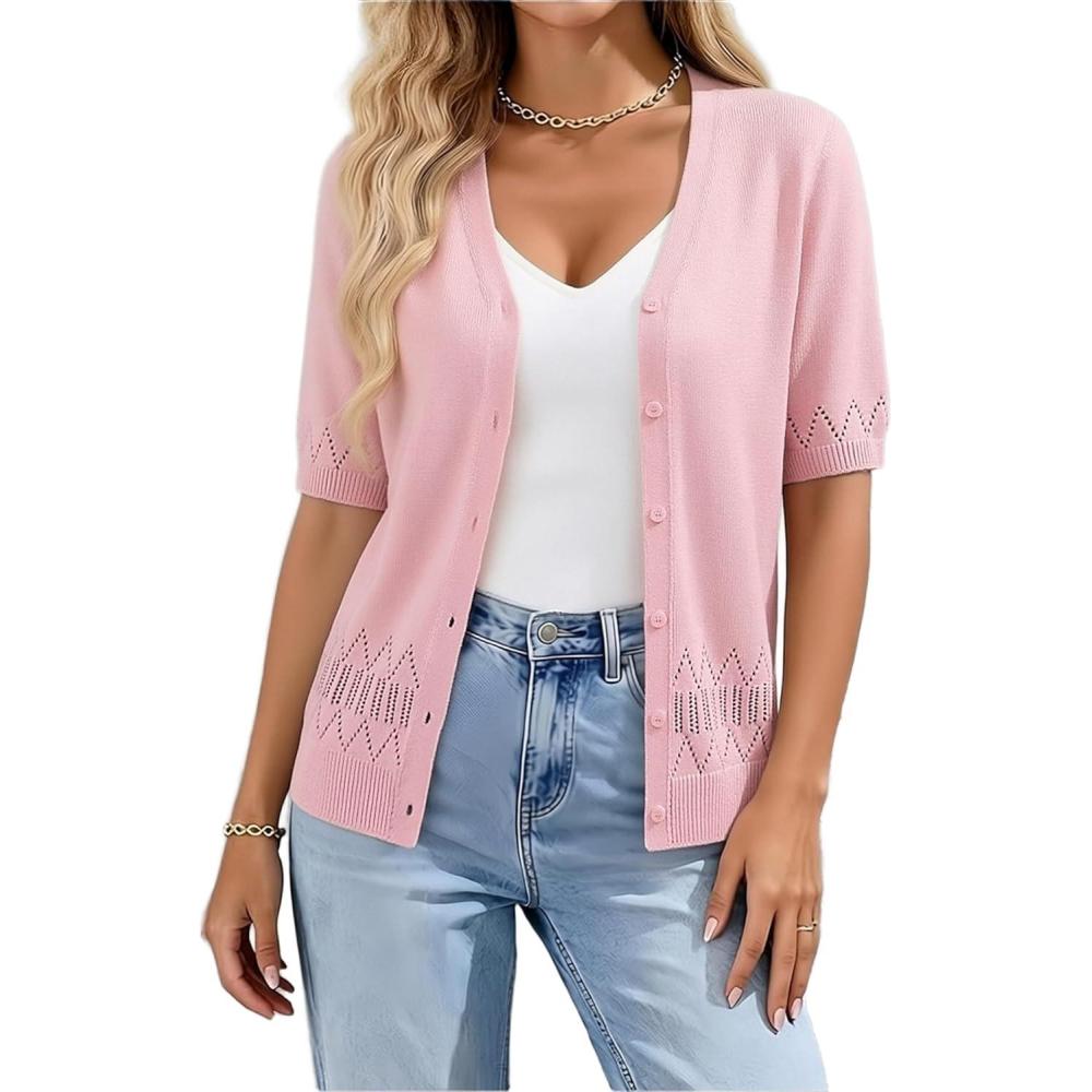 imageGRACE KARIN Womens Short Sleeve Spring Sweater Lightweight Cotton Cardigan Button Up V Neck Dressy Casual Cute TopsPink