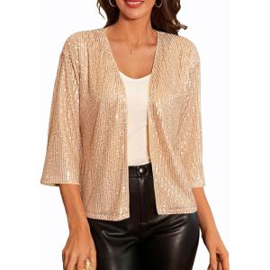 GRACE KARIN 2024 Women’s 3/4 Sleeve Sequin Jackets Open Front Sequin Cardigan Sweaters Blazer S-2XL(Champagne)