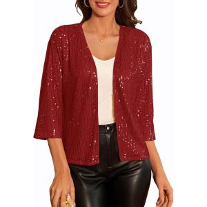 GRACE KARIN 2024 Women’s 3/4 Sleeve Sequin Jackets Open Front Sequin Cardigan Sweaters Blazer S-2XL(Red)