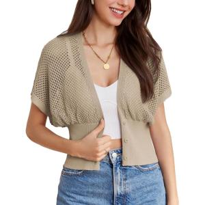 GRACE KARIN 2026 Women Short Sleeve Crochet Cardigan Summer Draped V-Neck Bolero Shrug Sweater Hollow Out Beach Cover Up(Beige)