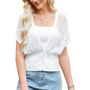 GRACE KARIN 2026 Women Short Sleeve Crochet Cardigan Summer Draped V-Neck Bolero Shrug Sweater Hollow Out Beach Cover Up(Bright White)