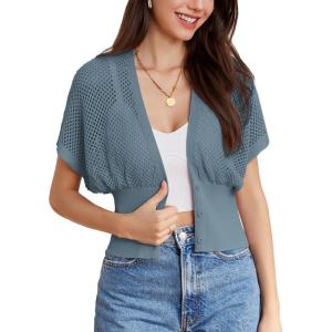 GRACE KARIN 2026 Women Short Sleeve Crochet Cardigan Summer Draped V-Neck Bolero Shrug Sweater Hollow Out Beach Cover Up(Grey Blue)