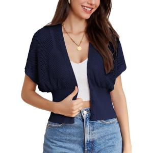 GRACE KARIN 2026 Women Short Sleeve Crochet Cardigan Summer Draped V-Neck Bolero Shrug Sweater Hollow Out Beach Cover Up(Navy Blue)