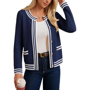 GRACE KARIN Cardigan Sweaters for Women Lightweight Long Sleeve Button up Sweater 2025 Color Block Jacket with Pockets(Navy Blue)