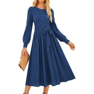 GRACE KARIN Casual Long Sleeve Dress 2025 A Line, Fall Sweater Dresses Ribbed, Crew Neck Midi Dress with Pocket(Blue)