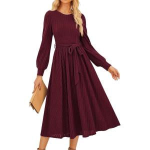GRACE KARIN Casual Long Sleeve Dress 2025 A Line, Fall Sweater Dresses Ribbed, Crew Neck Midi Dress with Pocket(Wine Red)
