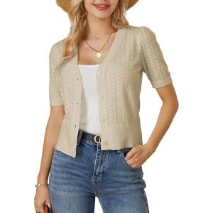 GRACE KARIN Cropped Cardigan Sweaters for Women Short Sleeve Crochet Knit Bolero Shrug V-Neck Button up Tops(Apricot)