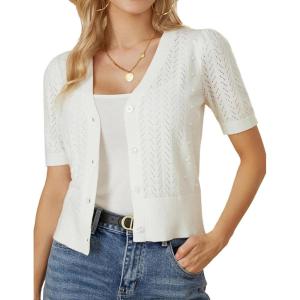 GRACE KARIN Cropped Cardigan Sweaters for Women Short Sleeve Crochet Knit Bolero Shrug V-Neck Button up Tops(Ivory)