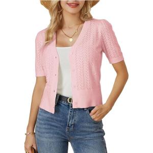 GRACE KARIN Cropped Cardigan Sweaters for Women Short Sleeve Crochet Knit Bolero Shrug V-Neck Button up Tops(Light Pink)
