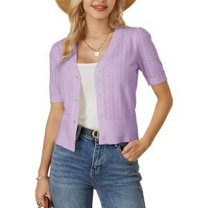 GRACE KARIN Cropped Cardigan Sweaters for Women Short Sleeve Crochet Knit Bolero Shrug V-Neck Button up Tops(Lilac Purple)